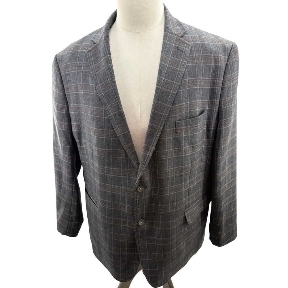 Johnston & Murphy Mens 100% Wool Plaid Blazer Sport Coat Grey Mens XXL 46R